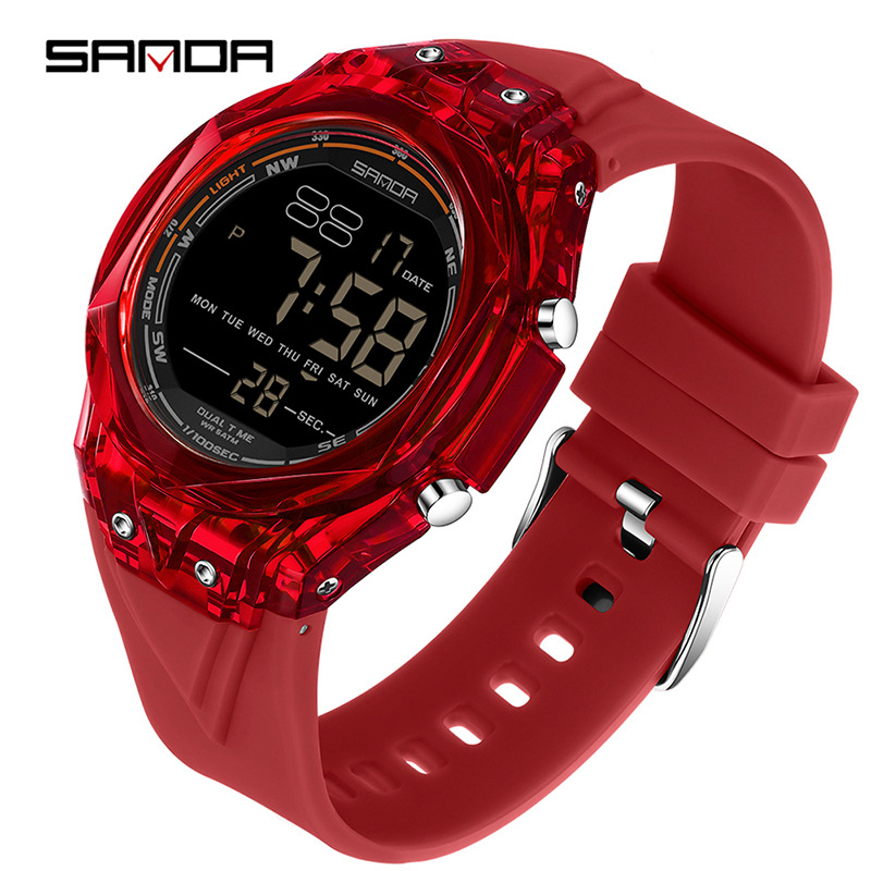 Електронен часовник с цифров дисплей, прозрачен голям циферблат, светещ, водоустойчив 50 m, хронометър, таймер, аларма (електронно движение • цифров дисплей • 50 m водоустойчивост • хронометър/таймер/аларма • светещ циферблат)