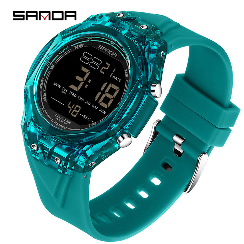 Електронен часовник с цифров дисплей, прозрачен голям циферблат, светещ, водоустойчив 50 m, хронометър, таймер, аларма (електронно движение • цифров дисплей • 50 m водоустойчивост • хронометър/таймер/аларма • светещ циферблат)