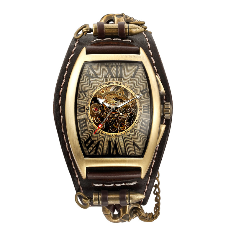 Shenhua férfi karóra Tourbillon, csontváz dizájn, automata mechanikus, barrel alakú tok, 43 mm átmérő, ötvözet tokkal és szíjjal