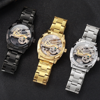 Ανδρικό αυτόματο μηχανικό ρολόι με τουρμπιόν, αδιάβροχο 30Μ, ζώνη από ανοξείδωτο ατσάλι, διαφανές πίσω κάλυμμα