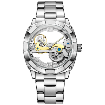 Ανδρικό αυτόματο μηχανικό ρολόι με τουρμπιόν, αδιάβροχο 30Μ, ζώνη από ανοξείδωτο ατσάλι, διαφανές πίσω κάλυμμα