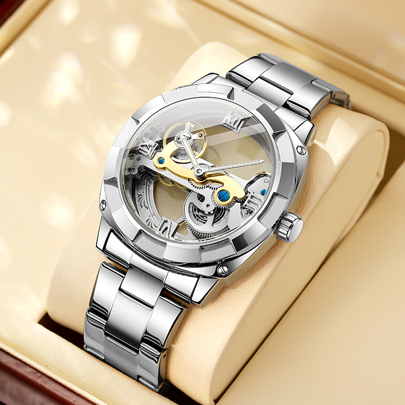 Férfi automata karóra tourbillonnal, 30M vízálló, rozsdamentes acél szíj, átlátszó hátsó panel