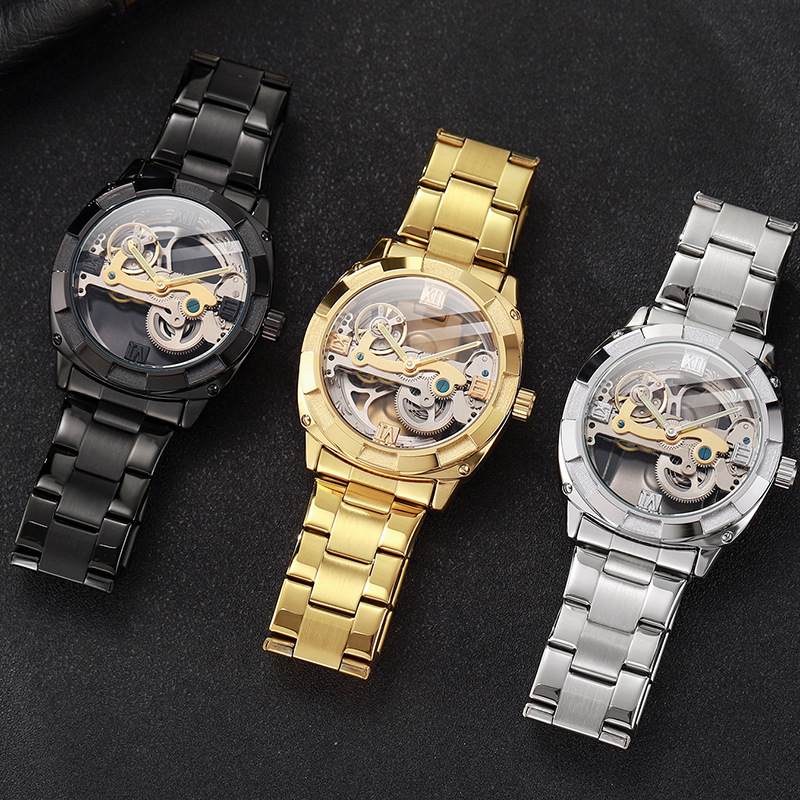 Férfi automata karóra tourbillonnal, 30M vízálló, rozsdamentes acél szíj, átlátszó hátsó panel