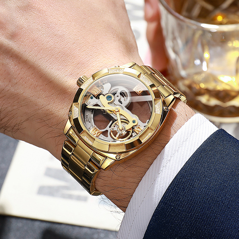 Férfi automata karóra tourbillonnal, 30M vízálló, rozsdamentes acél szíj, átlátszó hátsó panel