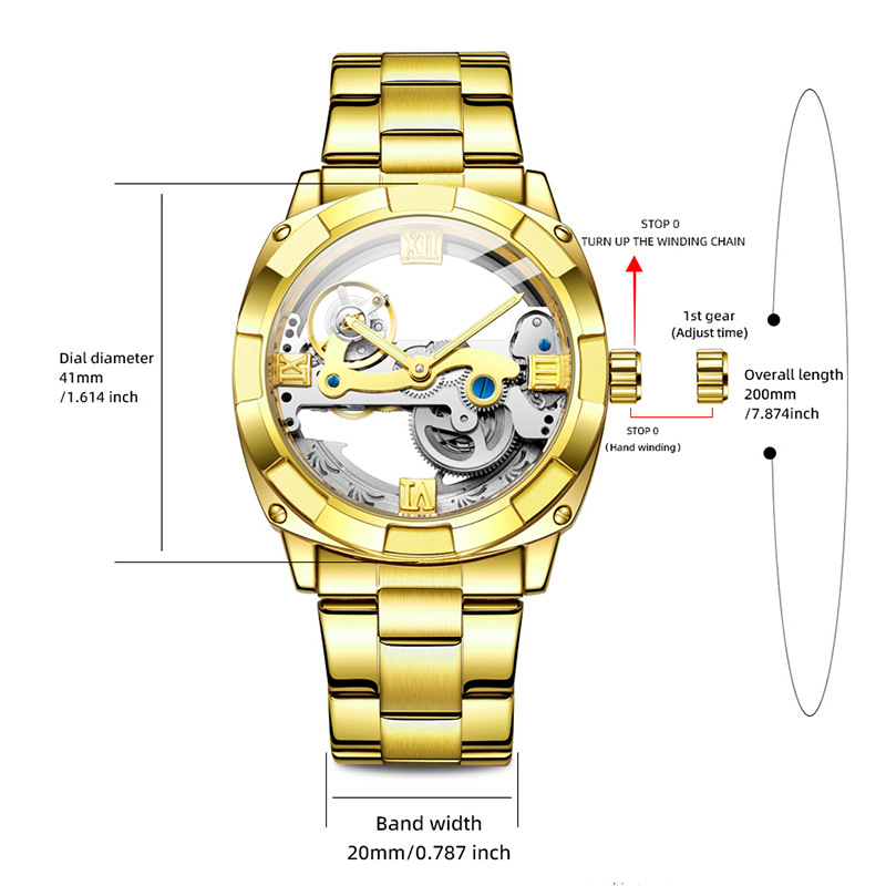 Férfi automata karóra tourbillonnal, 30M vízálló, rozsdamentes acél szíj, átlátszó hátsó panel