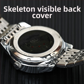 Ανδρικό ρολόι Quartz με σκελετωμένο καντράν και διαφανές πίσω κάλυμμα, αντοχή στο νερό έως 30 m, ημερολόγιο, φωτεινοί δείκτες, ατσάλινο σώμα και μπρασελέ