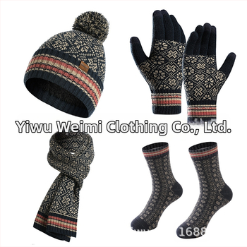 Женски комплект от шапка, шал, ръкавици и чорапи, акрилово влакно, жакардова плетка, за зимата