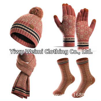 Женски комплект от шапка, шал, ръкавици и чорапи, акрилово влакно, жакардова плетка, за зимата