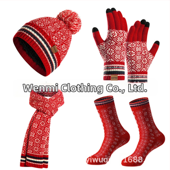 Женски комплект от шапка, шал, ръкавици и чорапи, акрилово влакно, жакардова плетка, за зимата