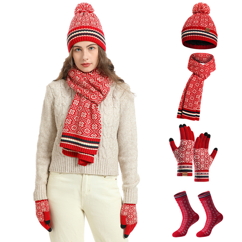 Женски комплект от шапка, шал, ръкавици и чорапи, акрилово влакно, жакардова плетка, за зимата