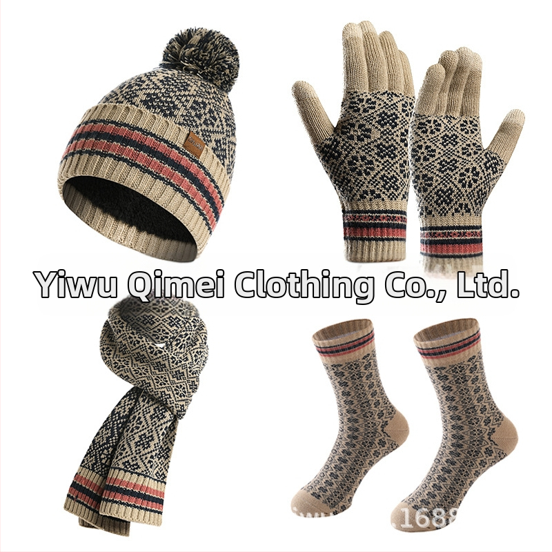 Женски комплект от шапка, шал, ръкавици и чорапи, акрилово влакно, жакардова плетка, за зимата