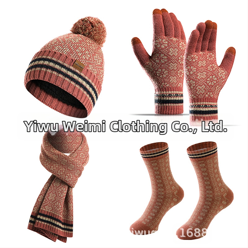 Женски комплект от шапка, шал, ръкавици и чорапи, акрилово влакно, жакардова плетка, за зимата