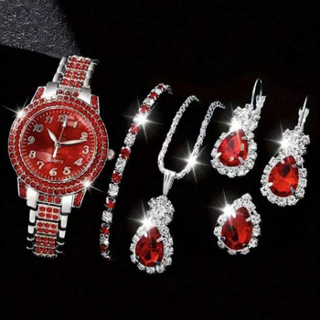 Silver Glow 5 τεμαχίων σετ γυναικείου ρολογιού και κοσμημάτων, καρδιάς σχήματος, μηχανισμός Quartz, World Time, περίβλημα και λουράκι από κράμα