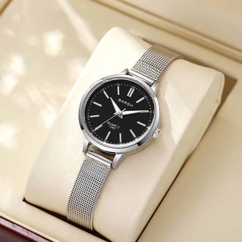 Женски часовник с мрежеста каишка, минималистичен дизайн, кварцов механизъм, световно време, корпус от сплав, закопчаване: единична сгъваема катарама