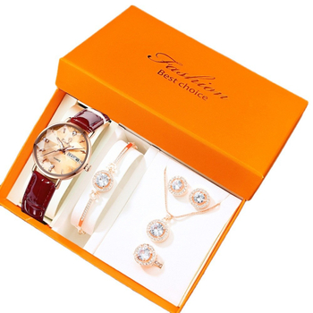 Γυναικείο ρολόι με διπλό ημερολόγιο και σετ βραχιόλι, Quartz κίνηση, αδιάβροχο 10m, περίβλημα από κράμα, μπρασελέ από λεπτό ατσάλι