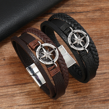 Férfiaknak készült karkötő cinkötvözetből — kézzel készült, többszintű szövés, geometriai retro stílus, kerek lemez nyolcágú csillaggal