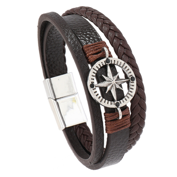 Férfiaknak készült karkötő cinkötvözetből — kézzel készült, többszintű szövés, geometriai retro stílus, kerek lemez nyolcágú csillaggal