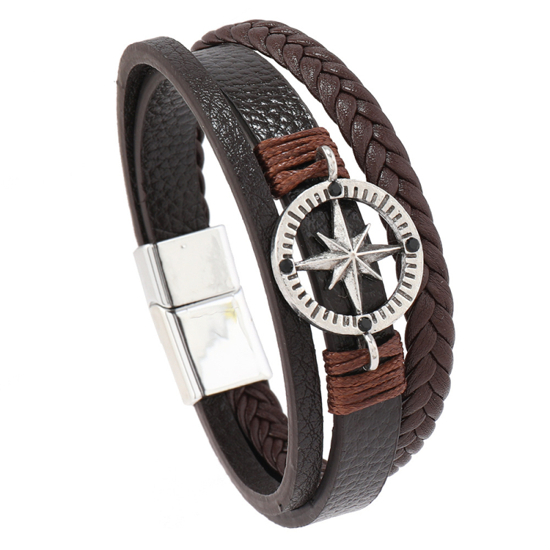 Férfiaknak készült karkötő cinkötvözetből — kézzel készült, többszintű szövés, geometriai retro stílus, kerek lemez nyolcágú csillaggal