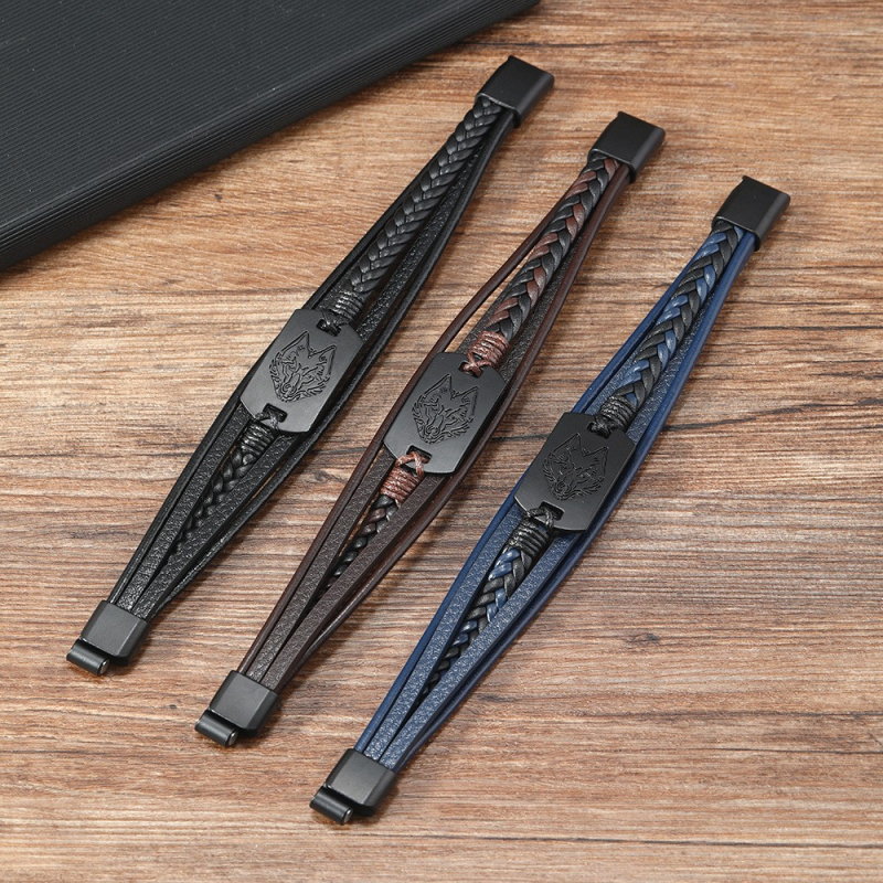 Farkasfej alakú karkötő ötvözet névtáblával, többrétegű kézzel készített bőr ékszer, Cortex anyag, uniszex üzleti stílus