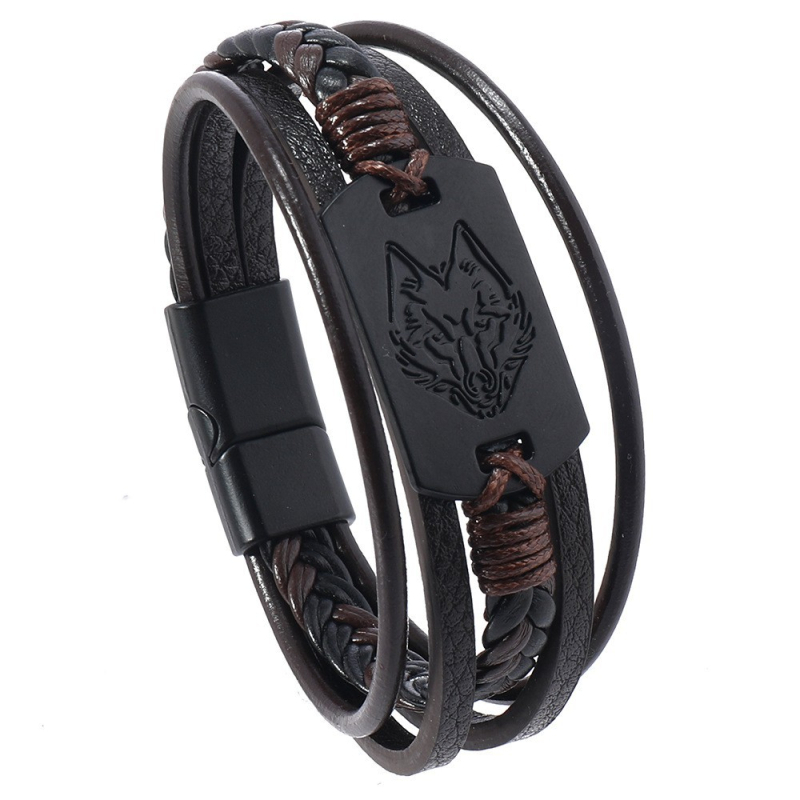 Farkasfej alakú karkötő ötvözet névtáblával, többrétegű kézzel készített bőr ékszer, Cortex anyag, uniszex üzleti stílus