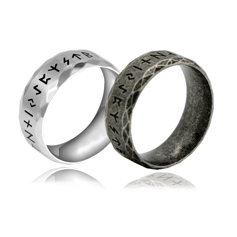 Inel din oțel inoxidabil Wolf Warrior cu text runic, finisaj lustruit, unisex