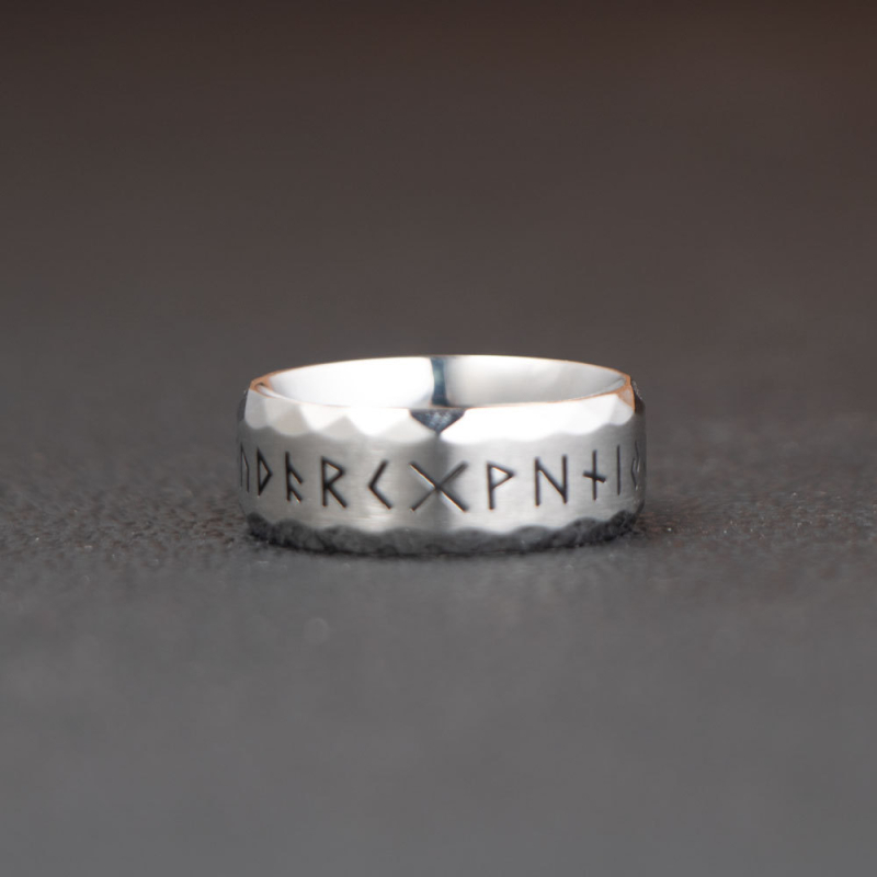 Inel din oțel inoxidabil Wolf Warrior cu text runic, finisaj lustruit, unisex
