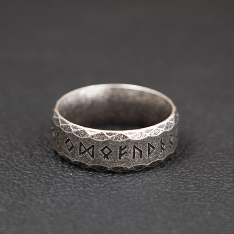 Inel din oțel inoxidabil Wolf Warrior cu text runic, finisaj lustruit, unisex