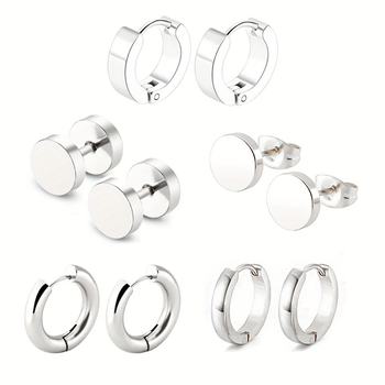 Γεωμετρικά σκουλαρίκια από ανοξείδωτο ατσάλι – σετ 5 ζευγάρια, ηλεκτροπλατινωμένα, κατάλληλα για unisex, περιλαμβάνει μπάρελ, κυκλικούς δίσκους και σπειροειδή στυλ