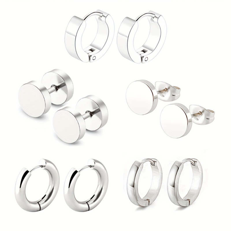 Γεωμετρικά σκουλαρίκια από ανοξείδωτο ατσάλι – σετ 5 ζευγάρια, ηλεκτροπλατινωμένα, κατάλληλα για unisex, περιλαμβάνει μπάρελ, κυκλικούς δίσκους και σπειροειδή στυλ