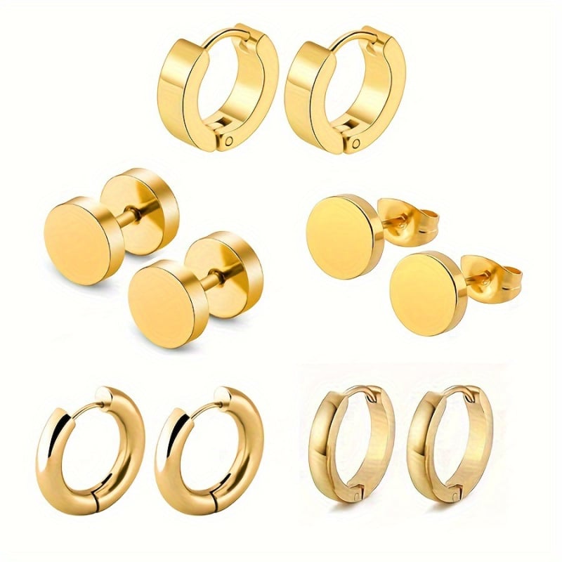 Γεωμετρικά σκουλαρίκια από ανοξείδωτο ατσάλι – σετ 5 ζευγάρια, ηλεκτροπλατινωμένα, κατάλληλα για unisex, περιλαμβάνει μπάρελ, κυκλικούς δίσκους και σπειροειδή στυλ