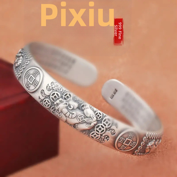 Pixiu ασημένιο βραχιόλι για άνδρες | S999 καθαρότητα | ανοιχτός σχεδιασμός | ρετρό ματ ύφος