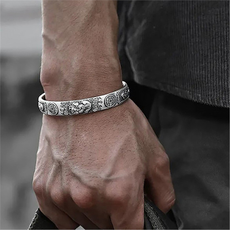 Pixiu ασημένιο βραχιόλι για άνδρες | S999 καθαρότητα | ανοιχτός σχεδιασμός | ρετρό ματ ύφος