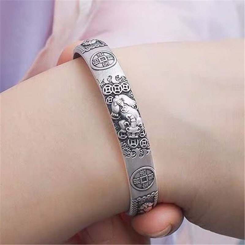 Pixiu ασημένιο βραχιόλι για άνδρες | S999 καθαρότητα | ανοιχτός σχεδιασμός | ρετρό ματ ύφος