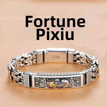 Pixiu náramok s dvojitou retiazkou, unisex, retro štýl, talizman bohatstva (Materiál: meď/plastik; Úprava: elektroplating; Dizajn: Pixiu/zviera; Retiazka: dvojitá)