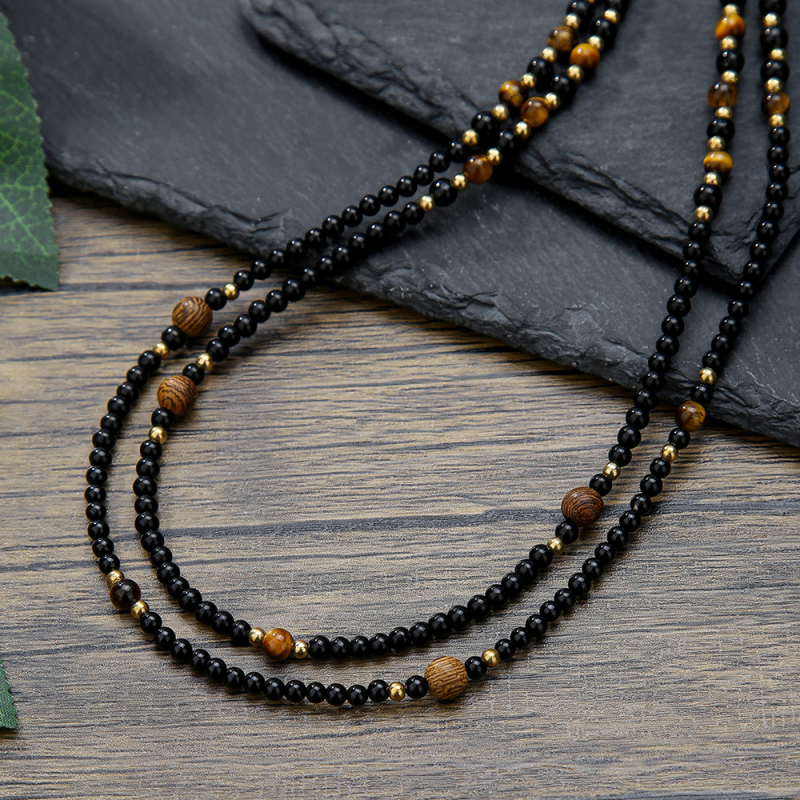 Гривна с еластична многослойна конструкция, мъниста от тигрово око и онyx дървени, ръчна изработка, унисекс, геометричен дизайн