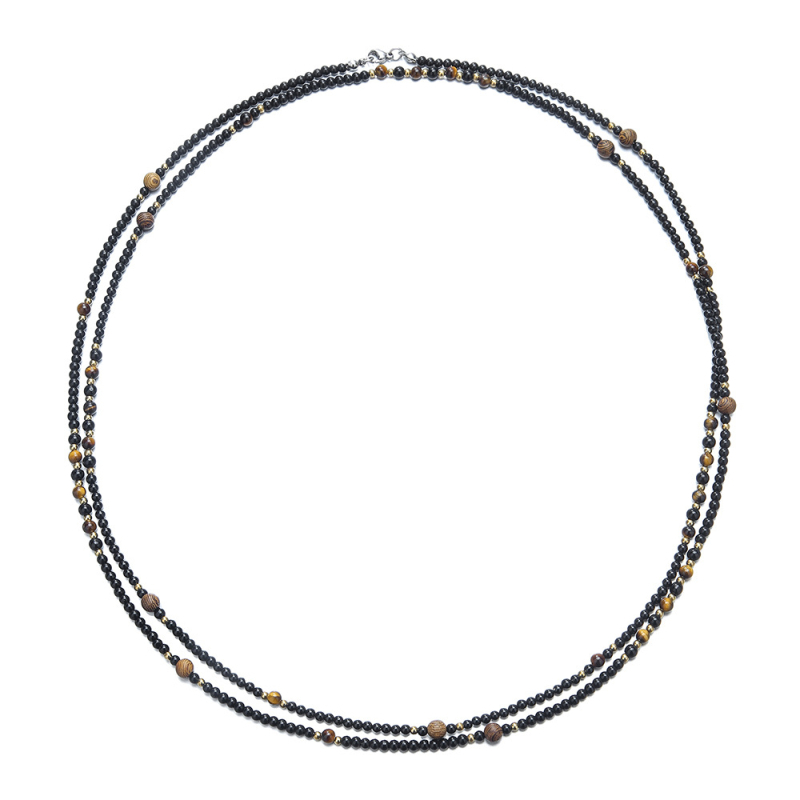 Гривна с еластична многослойна конструкция, мъниста от тигрово око и онyx дървени, ръчна изработка, унисекс, геометричен дизайн