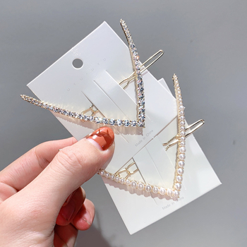 Μεταλλική καρφίτσα μαλλιών σε σχήμα V με κρύσταλλα και μαργαριτάρια, κλιπ για τον αυχένα, κομψό αξεσουάρ μαλλιών – Καλοκαίρι 2021