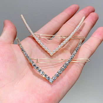 Μεταλλική καρφίτσα μαλλιών σε σχήμα V με κρύσταλλα και μαργαριτάρια, κλιπ για τον αυχένα, κομψό αξεσουάρ μαλλιών – Καλοκαίρι 2021