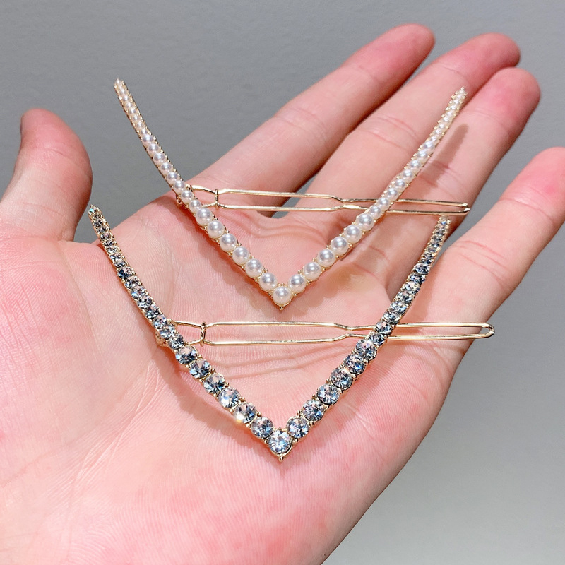 Μεταλλική καρφίτσα μαλλιών σε σχήμα V με κρύσταλλα και μαργαριτάρια, κλιπ για τον αυχένα, κομψό αξεσουάρ μαλλιών – Καλοκαίρι 2021