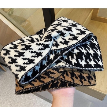 Κορεατικό στυλ πλεκτή κορδέλα μαλλιών με σχέδιο houndstooth, ευρύ γείσο, διαμαντένιος σχεδιασμός, άνοιξη 2024