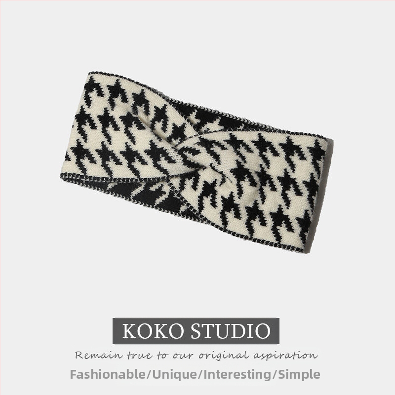 Κορεατικό στυλ πλεκτή κορδέλα μαλλιών με σχέδιο houndstooth, ευρύ γείσο, διαμαντένιος σχεδιασμός, άνοιξη 2024