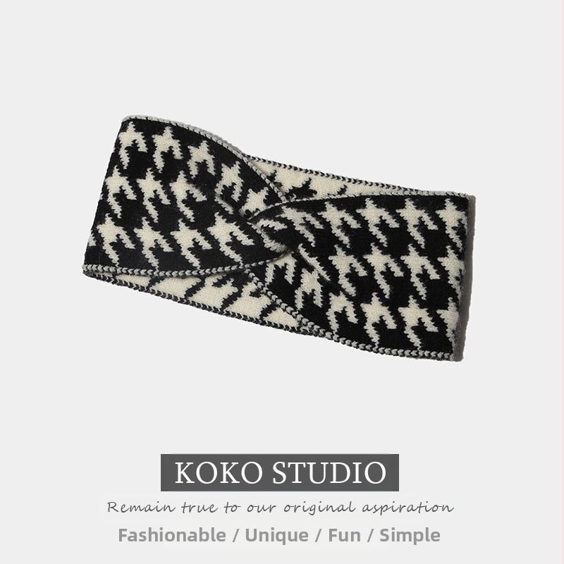 Κορεατικό στυλ πλεκτή κορδέλα μαλλιών με σχέδιο houndstooth, ευρύ γείσο, διαμαντένιος σχεδιασμός, άνοιξη 2024