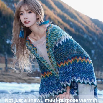 Пелерина-шал за жени, етнически стил, полиестер, твил, цветен блок, топло (пролет/есен)