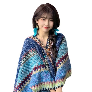 Пелерина-шал за жени, етнически стил, полиестер, твил, цветен блок, топло (пролет/есен)