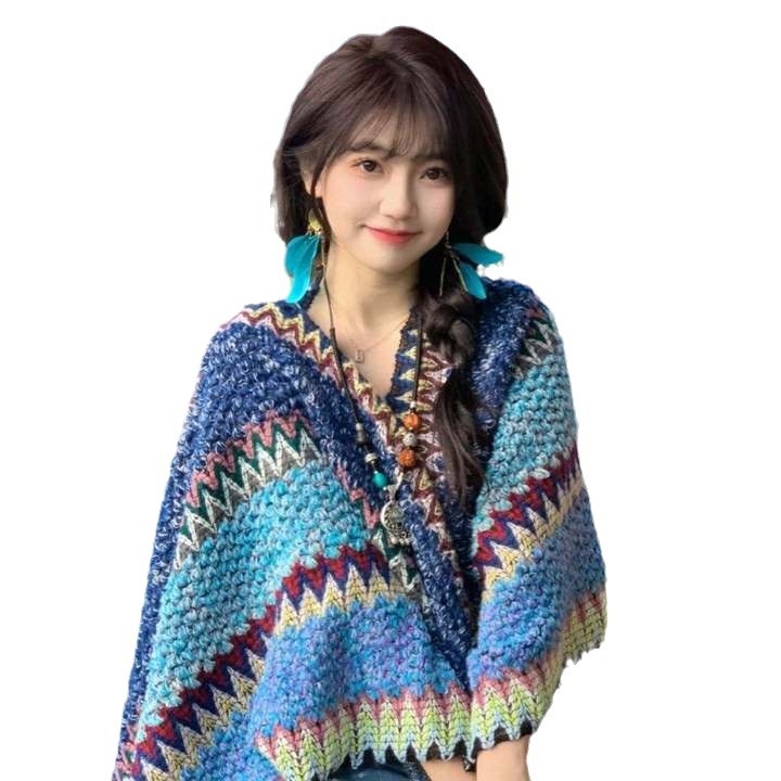 Пелерина-шал за жени, етнически стил, полиестер, твил, цветен блок, топло (пролет/есен)
