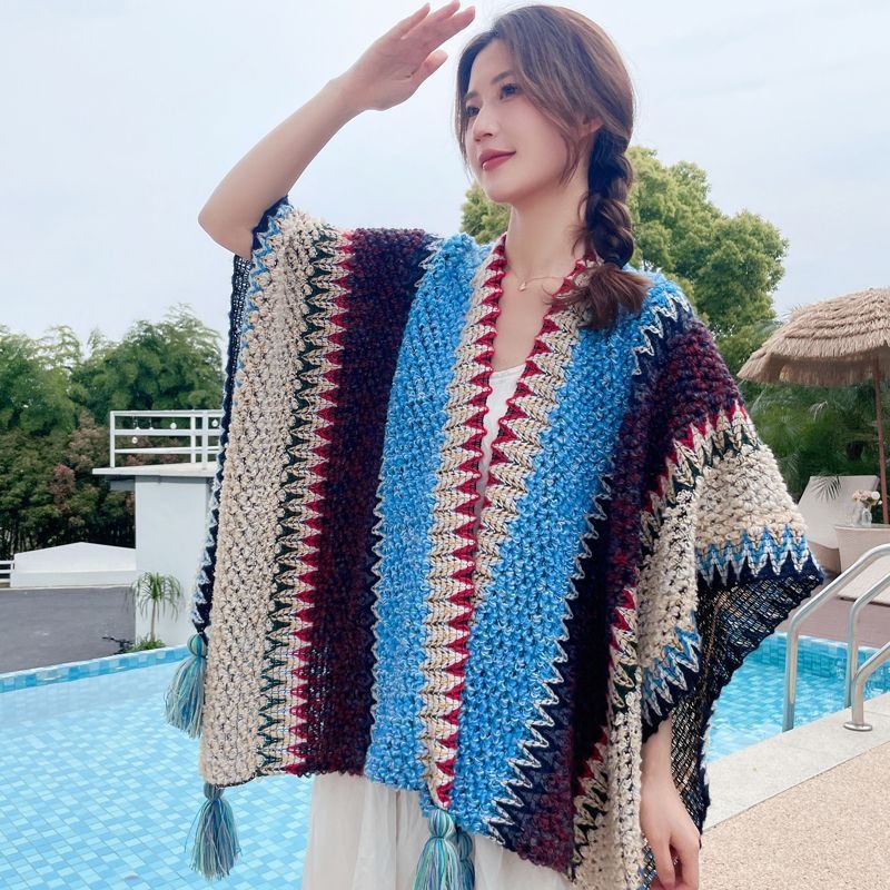 Пелерина-шал за жени, етнически стил, полиестер, твил, цветен блок, топло (пролет/есен)