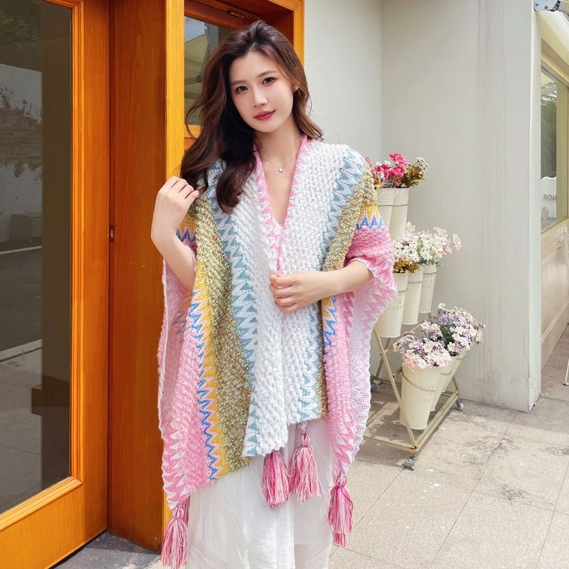 Пелерина-шал за жени, етнически стил, полиестер, твил, цветен блок, топло (пролет/есен)