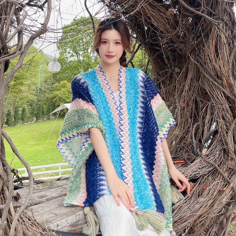 Пелерина-шал за жени, етнически стил, полиестер, твил, цветен блок, топло (пролет/есен)