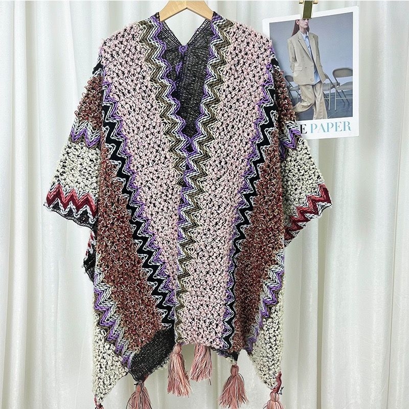 Пелерина-шал за жени, етнически стил, полиестер, твил, цветен блок, топло (пролет/есен)