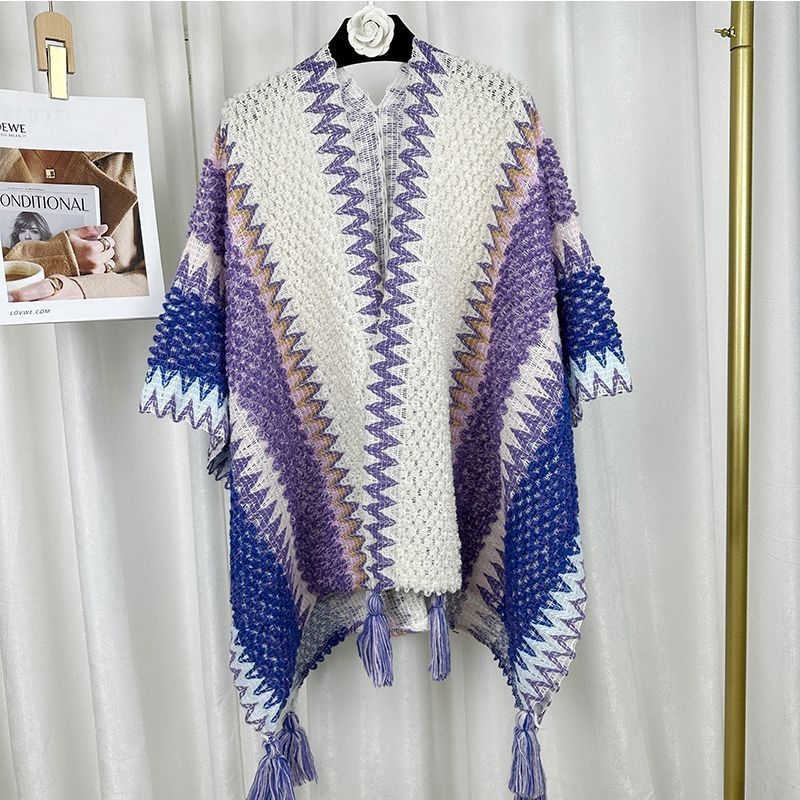 Пелерина-шал за жени, етнически стил, полиестер, твил, цветен блок, топло (пролет/есен)